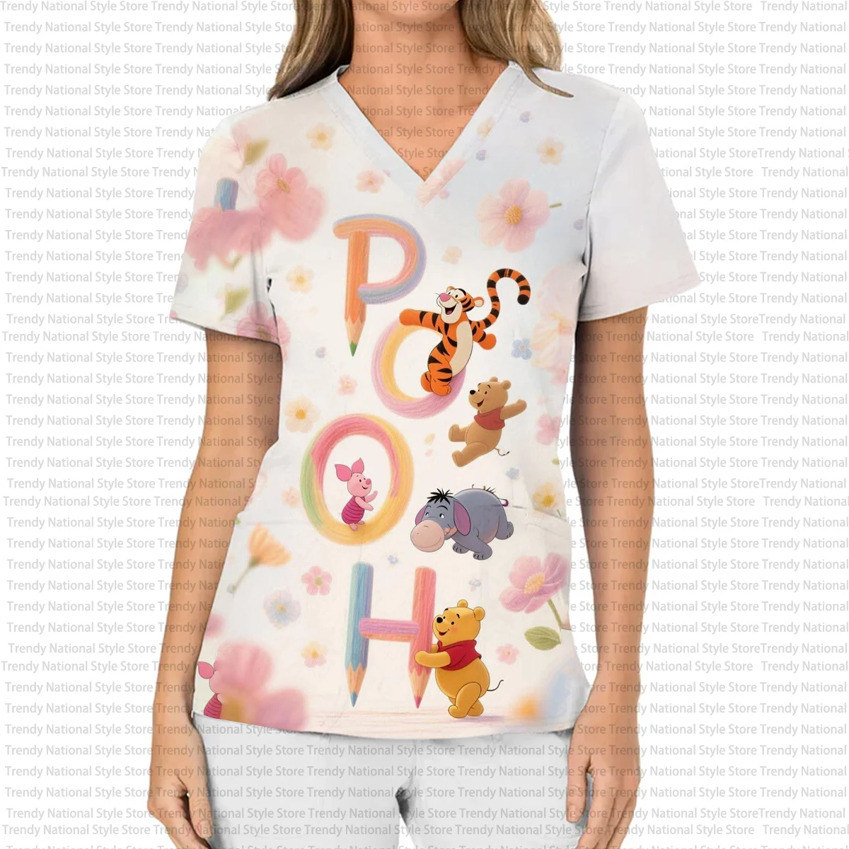 Disney Winnie de Poeh verpleegster dames ziekenhuis dierenwinkel T-shirt, dames werk verpleegster uniform bedrukte V-hals verpleegkundige matte top