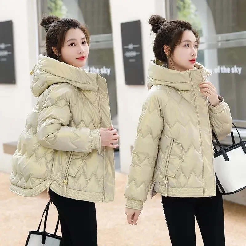 2023 New Winter Women Short Parkas Hooded Down Cotton Padded Jacket Female Overcoat Thick Warm Glossy Outwear Lady Outerwear