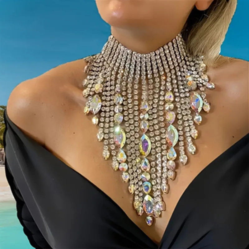 Exaggerated Atmospheric Long Flow Su Water Drop Necklace Fashionable Luxury Women's Nightclub Party Dressing Jewelry Accessories