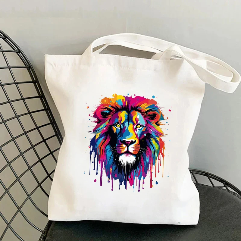 Animal Pintado Canvas Tote Bag, Dinossauro Tigre Impresso, Grande Capacidade Sacos De Ombro, Supermercado Saco De Compras, Organizador De Viagem, Novo