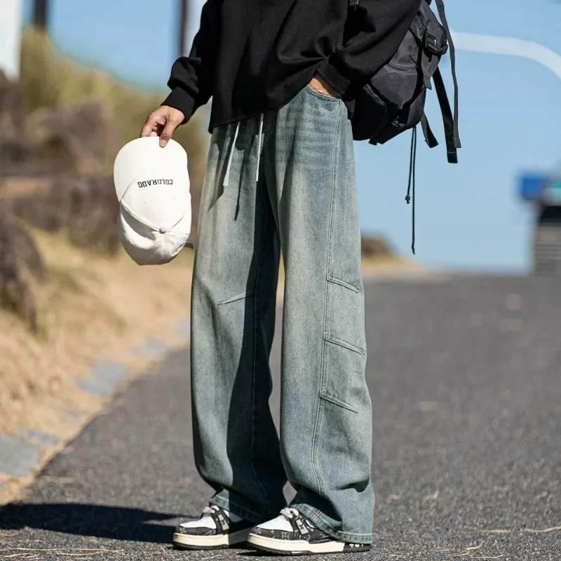 

Мужские повседневные свободные прямые джинсы Y2k, уличные износостойкие осенние винтажные потертые прочные хлопковые джинсовые брюки High Street