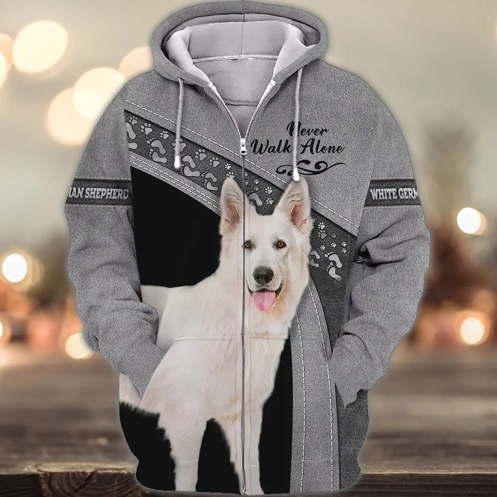 

HX Pets Dogs Zip Hoodies White German Shepherd Never Walk Alone 3D Printed Sweatshirts Fashion Men Women Clothing Dropshipping