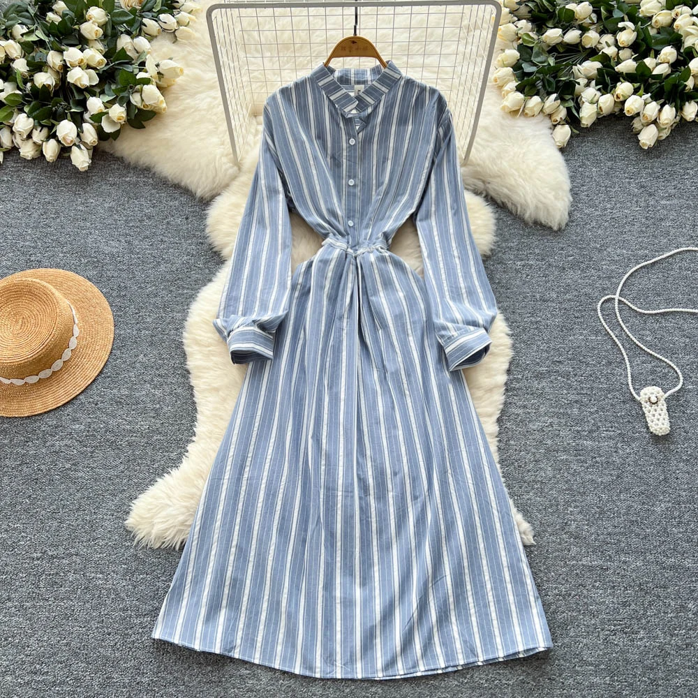 Sukienka damska w stylu francuskim w paski, nowa kolekcja 2025, sznurowana koszula z długim rękawem, sukienka midi, jesienna sukienka zapinana na jeden guzik, dopasowana.