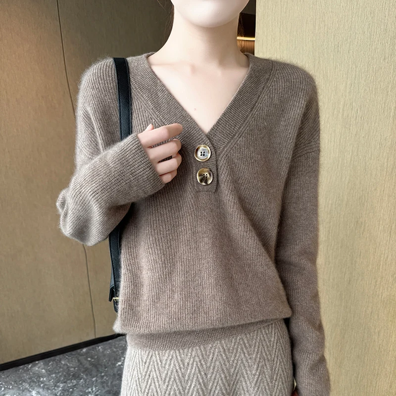 100% pure cashmere women's V-neck sweater knitted pullover fashionable Korean version soft hot selling women's clothing