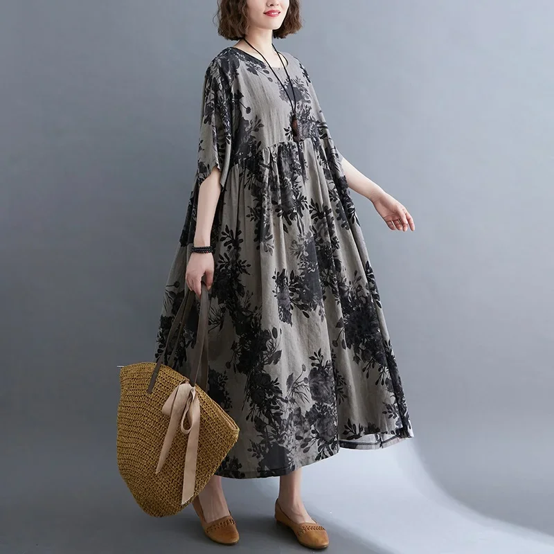 Manga corta de algodón de gran tamaño vintage floral nuevo en vestidos para mujeres casual suelto vestido largo de verano ropa elegante 2025