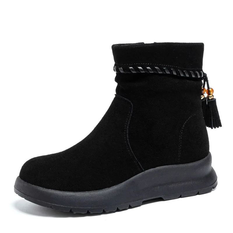 DRKANOL Handmade Retro Women Wedge Heel Boots Autumn Winter Chunky Platform Cow Suede Leather Tassel Plush Warm Ankle Snow Boots