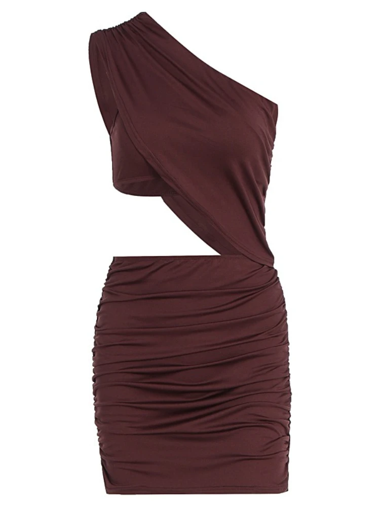 SsTss Mini abito sexy da donna monospalla senza maniche con dettagli ritagliati solidi Abito aderente da night club slim fit increspato Nuovo alla moda