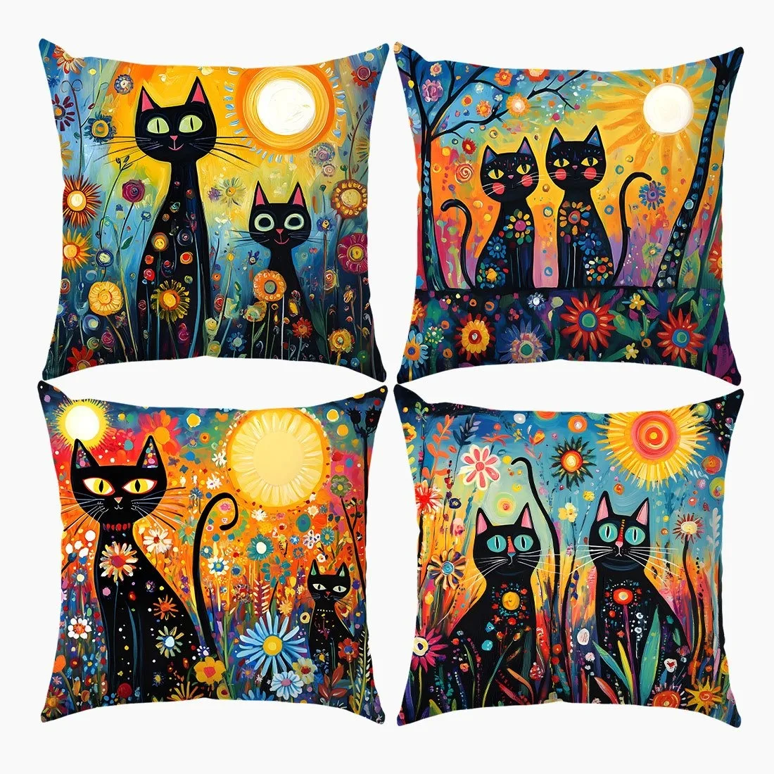 4PC Colorful Floral Black Cat Painting Style Single-Sided Printed Cushion Cover - Pillowcase (Insert Not Included)