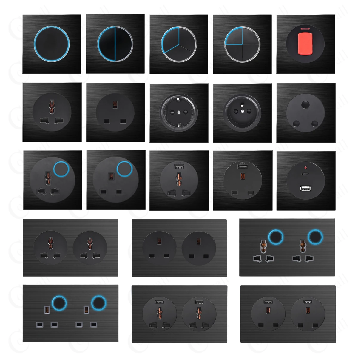 COSWALL Black Aluminum Panel 1/2/3/4 Gang 1/2 Way On / Off Wall Light Switch Large Aperture LED Backlight
