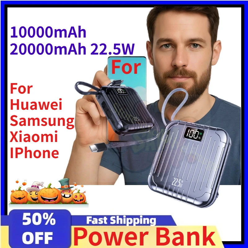 

20000mah 22.5W Power Bank Fast Charging for Huawei Samsung Xiaomi IPhone Built in Cable Portable Digital Display Charger
