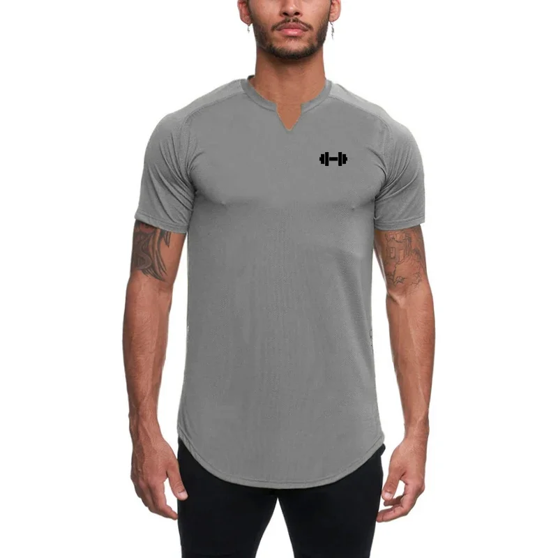 Summer Men V-neck Compression Short Sleeve Slim Fit Gym Workout Pumping Iron Clothing Fitness Tight Sports Quick-drying T-shirt