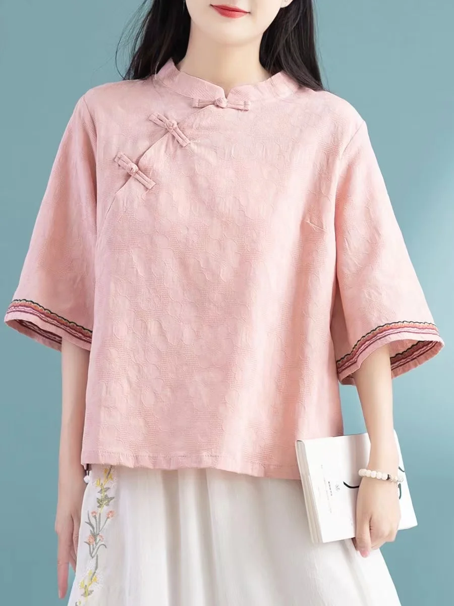 Summer Short Sleeve Embroidered Cotton Linen Shirt Artistic Style Button Placket Tapestry Floral Print Casual Commute Loose Fit