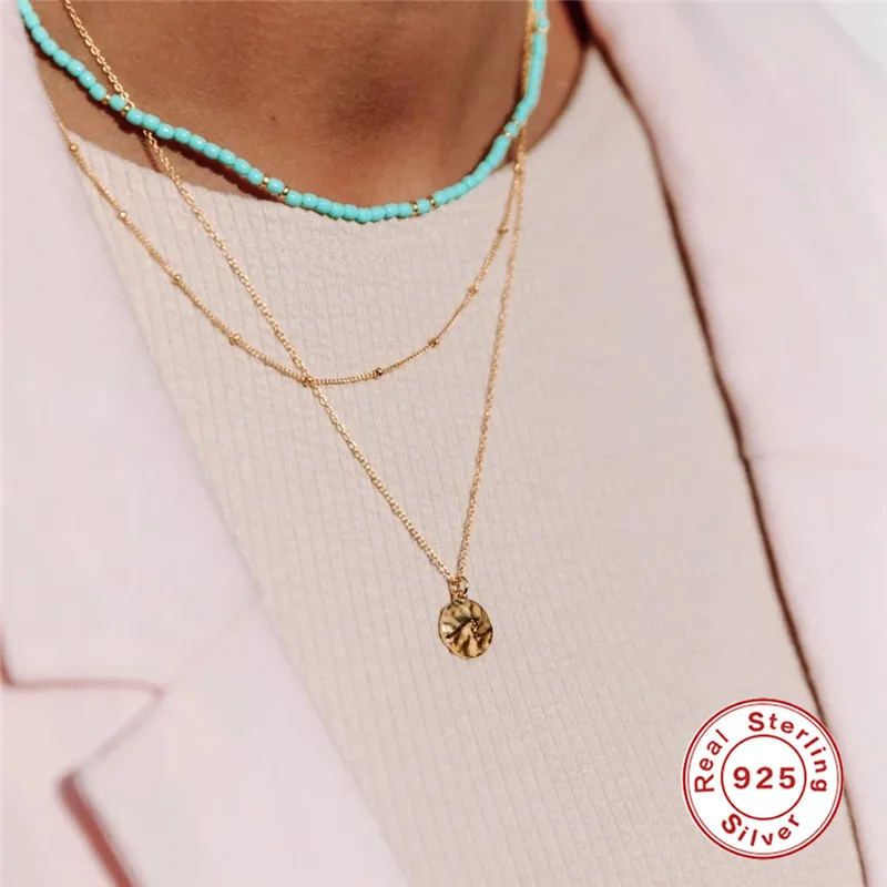 Luxury Round Pendant Necklaces For Women Collier Femme 925 Sterling Silver Multilayer Cavicle Double Chain Necklace Fine Jewelry