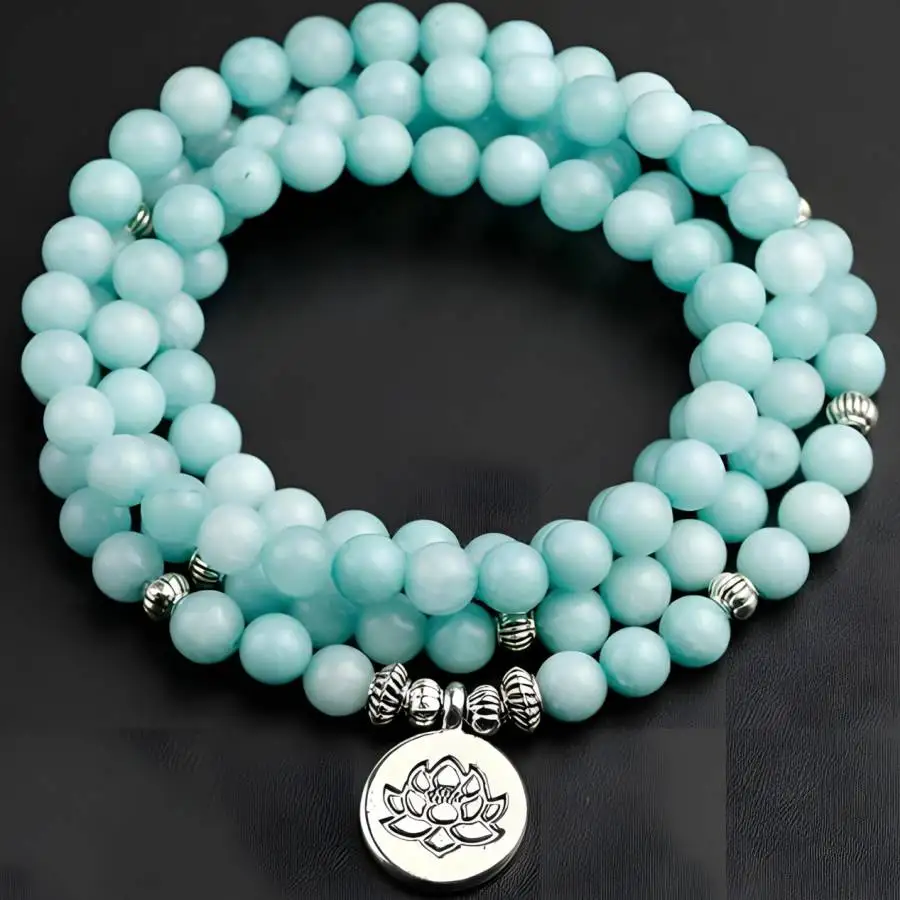 

6mm Blue Jade 108 Beads Lotus Pendant Bracelet Men's Jewelry elastic Stone zazen Meditation Bohemian Chaplet Zen Bead Chakra