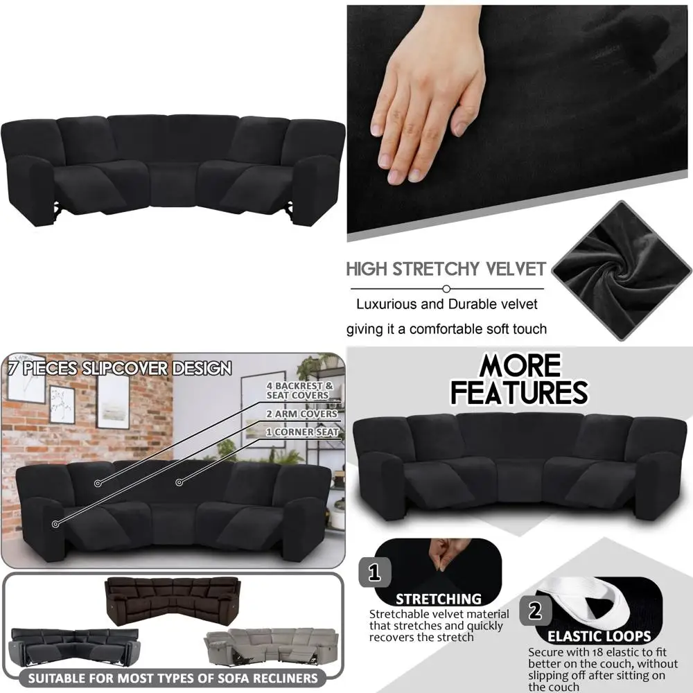 ulticor 7-piece l shape sectional recliner sofa covers, velvet stretch reclining couch covers for sofa, thick, soft, washable (b