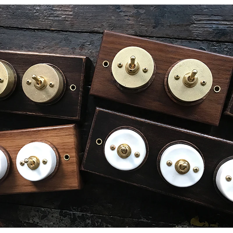 Retro Brass Switch Black Walnut Base 1-4 Gang 1/2 Way Brass Lever Wall Lamp Toggle Switch For Home Improvement