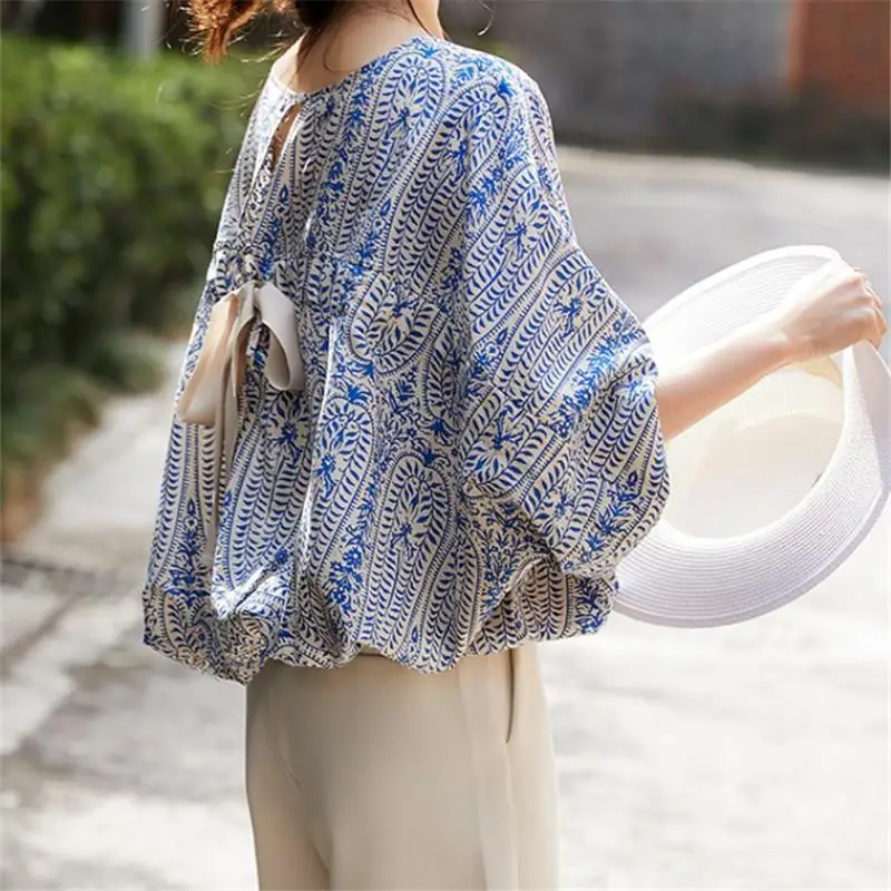 

Elegant Blouses Women Vintage Bow Bandage Print Shirts Office Lady Summer Korean Batwing Sleeve Casual All Match Chic Tops