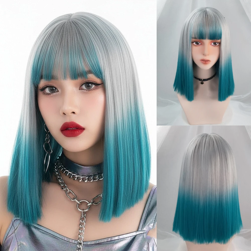 أزياء المرأة قصيرة مستقيم بوب شعر مستعار مع الانفجارات مقاومة للحرارة الاصطناعية الأخضر أومبير شعر مستعار رمادي