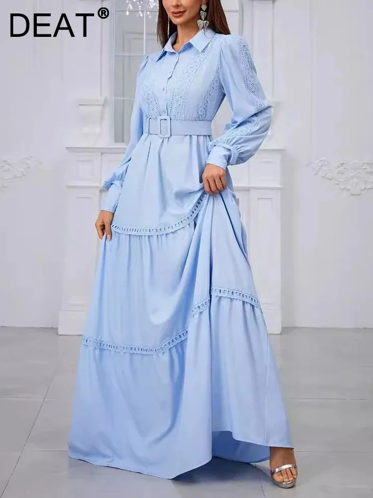 

Женское однобортное платье с поясом DEAT, элегантное однотонное вечернее платье с отложным воротником и вышивкой, осень 2024, 35Z973