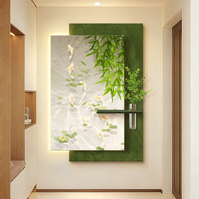 #Green Bamboo Foyer Decoration Painting Led Light Strip Mural Corridor Hanging Mural Lamp Sandstone Decorative Lamp Painting