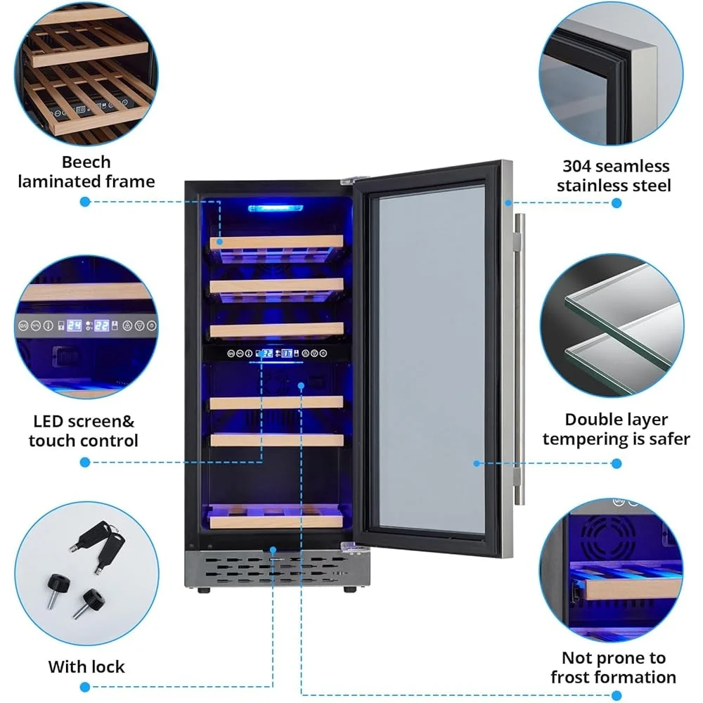 ثلاجة نبيذ صغيرة 28 زجاجة ضاغط مزدوج للتحكم في درجة الحرارة مبرد نبيذ مدمج قائم بذاته خزانة تخزين مدمجة LED