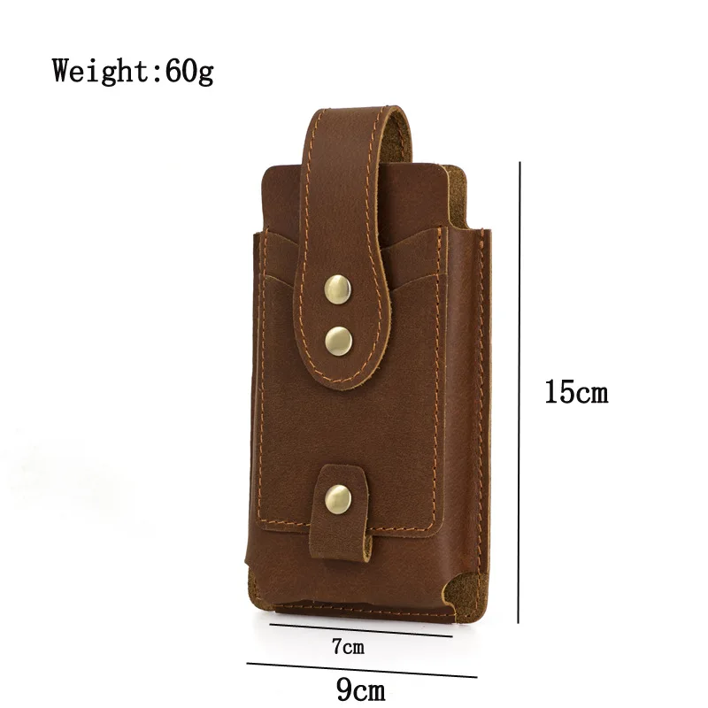 Genuine Leather Men Mobile Phone Holster Vintage Vertical Cell Phone Bag with Card Holder Keychain Hook Man Waist Belt Bag