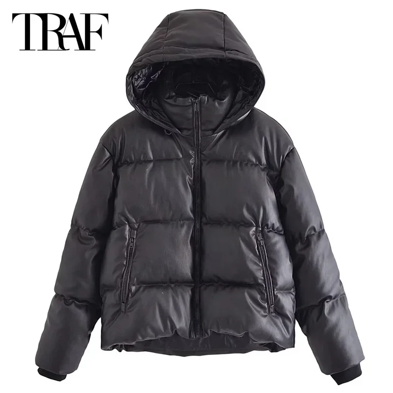 

TRAF Women's Winter Down Jacket Faux Leather Outerwears Cropped Black Hoodies Short Padded Jacket Autumn Warm Long Sleeve Coats