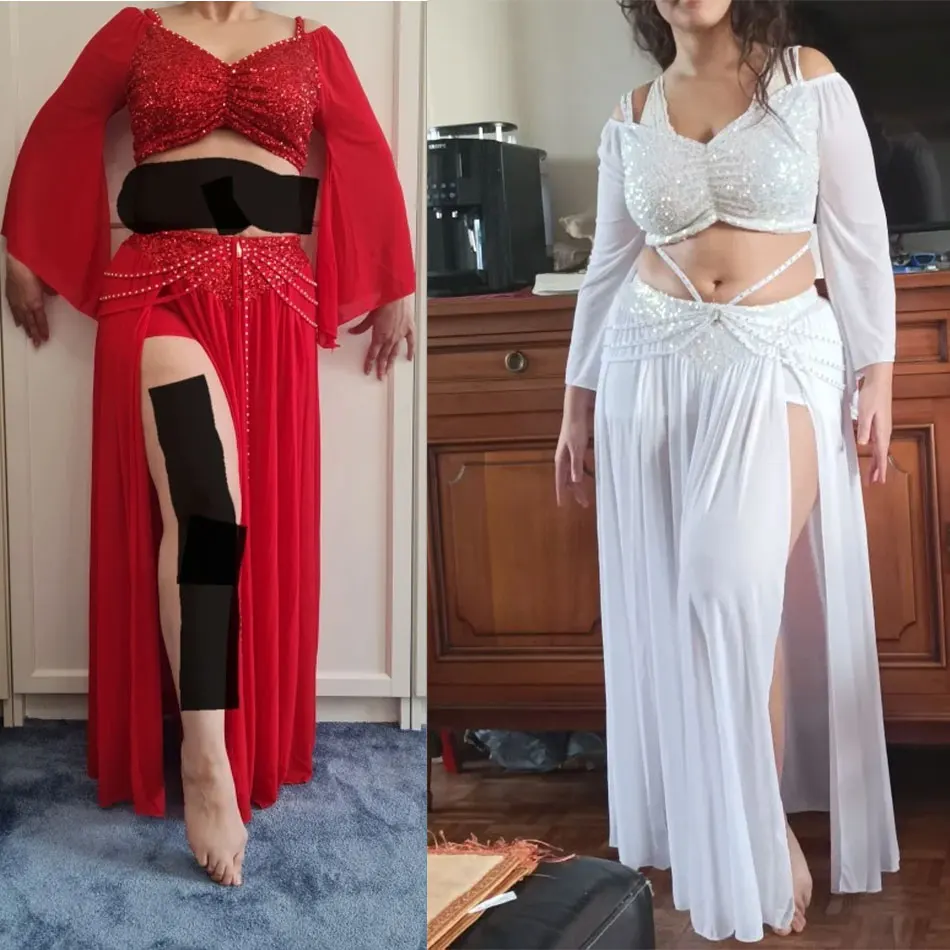 Conjunto de traje de dança do ventre, roupa superior e saia com lantejoulas, malha de primavera para mulheres adultas, performance de palco, roupas