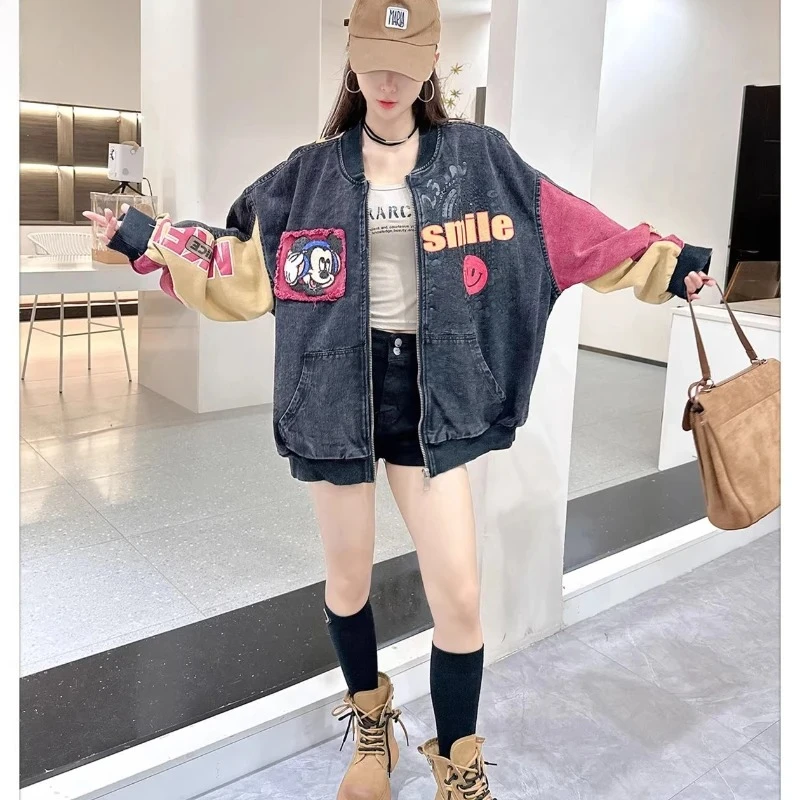 سترة ميكي ماوس كبيرة الحجم من قماش الدنيم المزودة بالترتر - سترة كرتونية راقية لتقليل العمر |   سترة عصرية فضفاضة