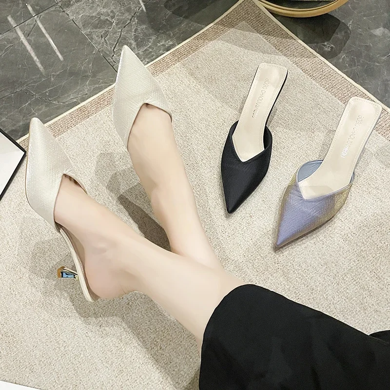 

2025 New Footwear Female Pointed Toe Ladies Medium Heels Shoes Slides Fashion Shallow Pumps Women Thin Heels Slides Shoes