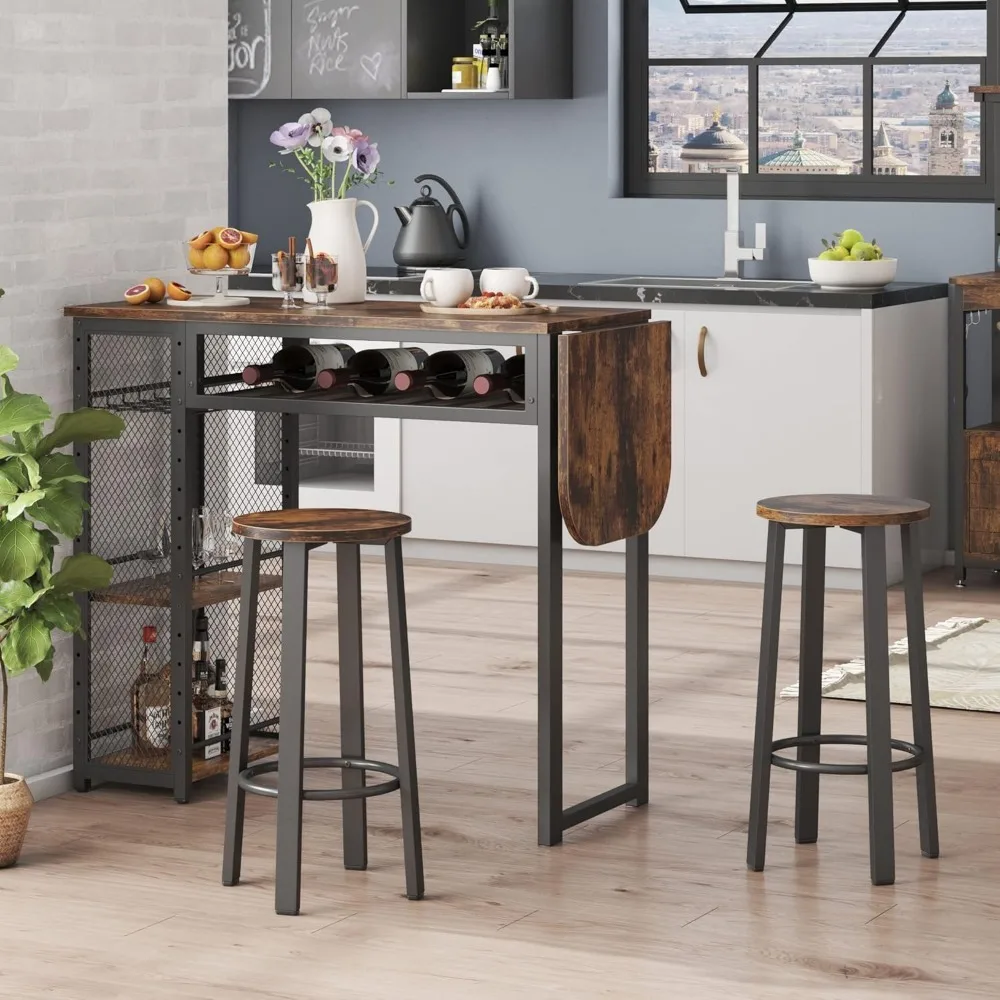 Conjunto de mesa de bar e cadeira expansível 2 Bar Stools Cozinha industrial Counter Wine Rack Prateleiras de armazenamento ajustáveis de 3 níveis