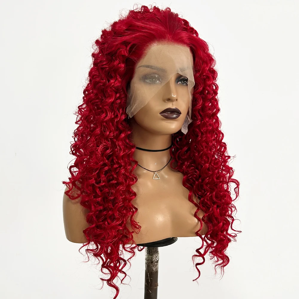 AIMEYA Red Wig Long Synthetic Lace Front Wig Kinky Curly Cosplay Wigs For Women Heat Resistant Daily Lace Wigs Natural Hairline