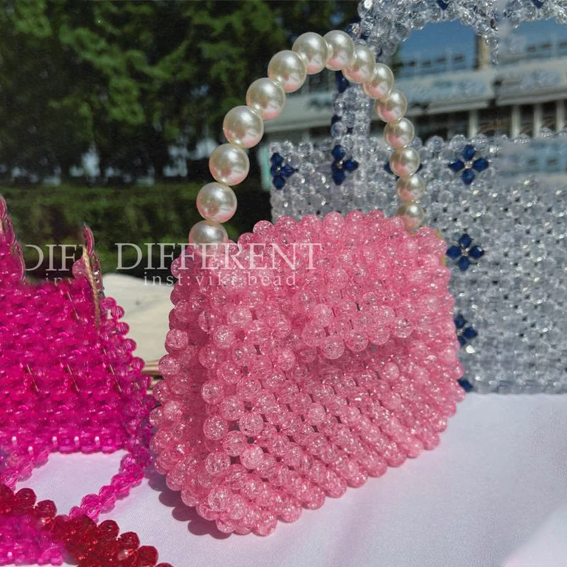 Homemade Beaded Bags for Women 2023 Evening Handbag Vintage Women\'s Crossbody Bags Pink Top-Handle Bags Purse Pearl Handheld