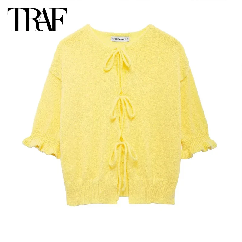 TRAF Yellow Sweater Top Women 2024 Spring Autumn Short Sleeve Butterfly Lace-Up Knitted Top Ladies Fashion Casual Knitwear Top