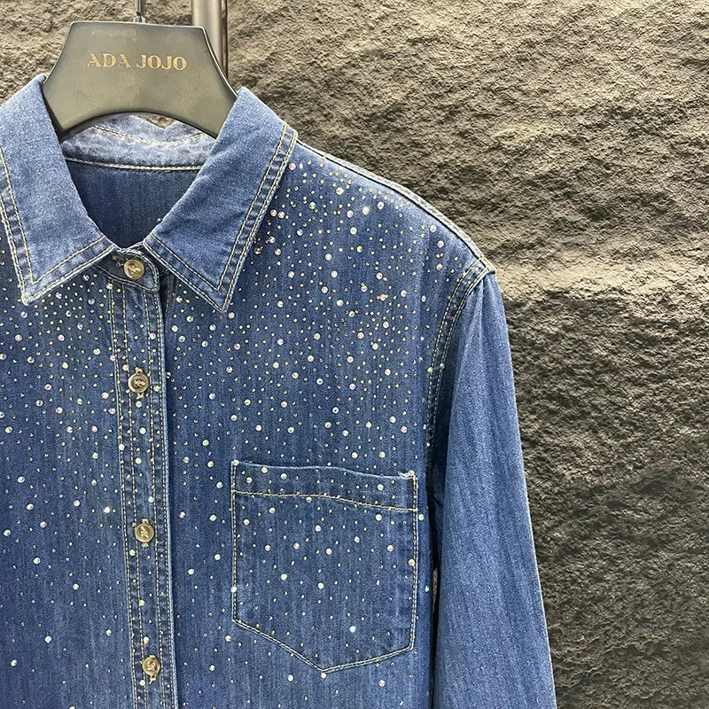 Starry Sky Diamonds Beaded Denim Shirt Retro Hot Drilling Sequined Jeans Blouses Coat Single Breasted Cowboy Cardigan Tops