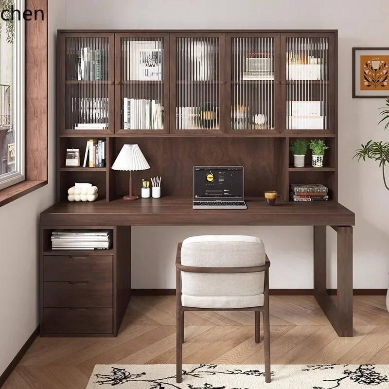 y24-Solid Wood Desk and Bookshelf Integrated Wall-Mounted Workbench Writing Office Desk Study Computer Desk with Drawers