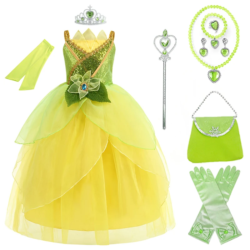 Princess Tiana Cos Dress Crown Magic Wand Bag Glove Necklace Bracelet Ring Earrings Set Princess And Frog Cosplay Costume