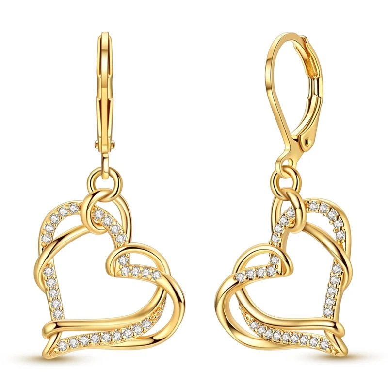 

925 Sterling Silver Earrings Women Golden Heart Drop Earring For Anniversary Wedding Jewelry Gifts