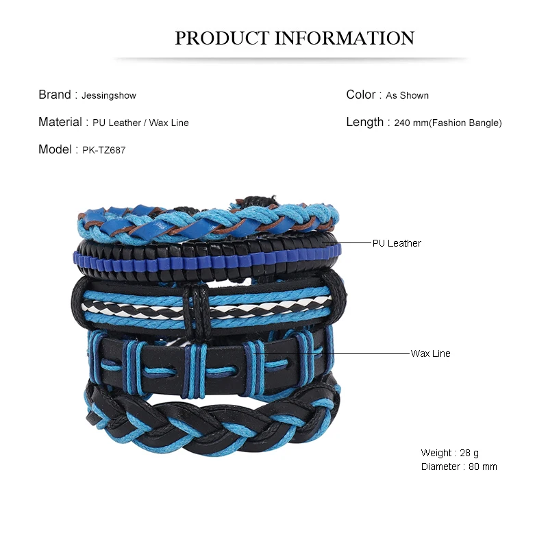 5Pcs/Set Handmade Vintage Colorful Black Blue Leather Men Bracelets Bangle Jewelry For Women Mix Styles Adjustable Gifts