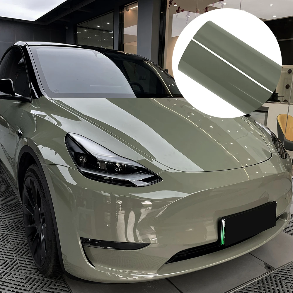 High Brightness Khaki Green Car Wrapping Film Vinyl Film Bubble Free DIY Decal PET Sticker Car Accessories Exterior Interior