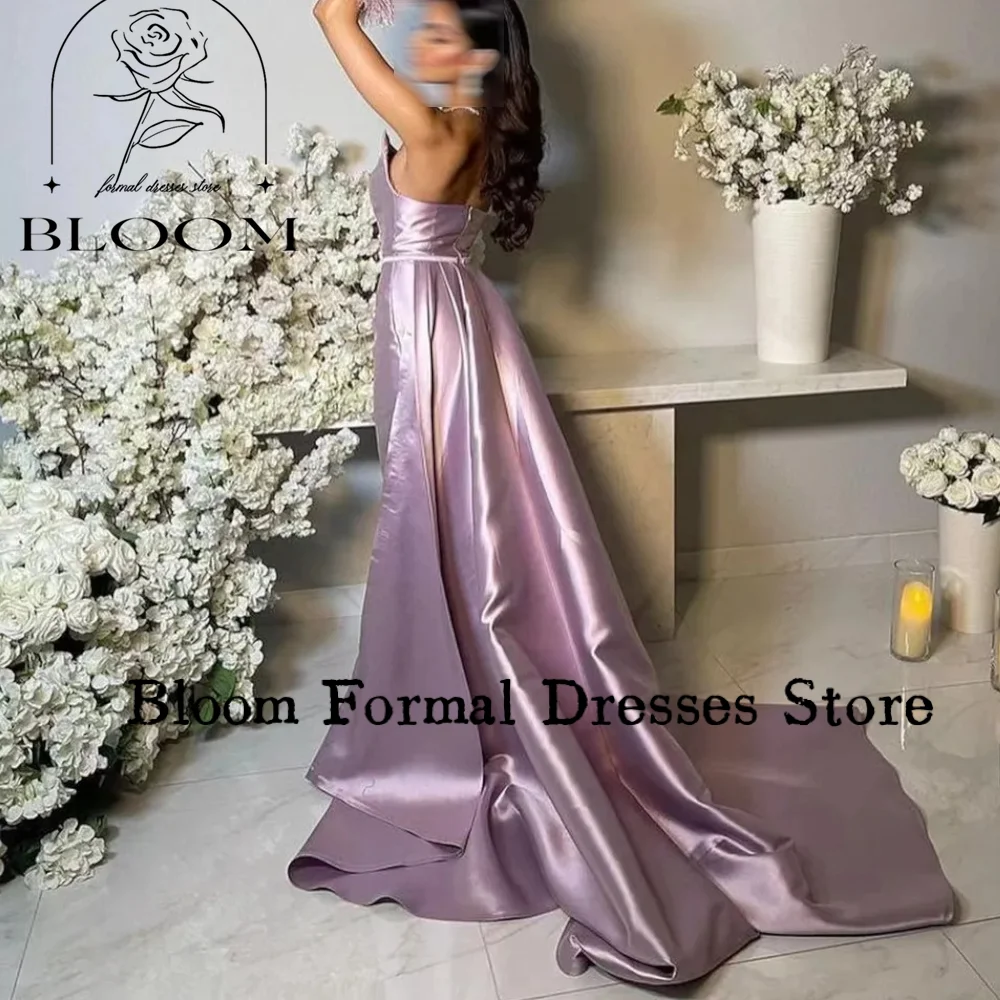 Bloom Customized Lavender Satin Strapless Prom Dresses Side Split Plush Oversleeves Noble Evening Dresses Wedding Party Gown