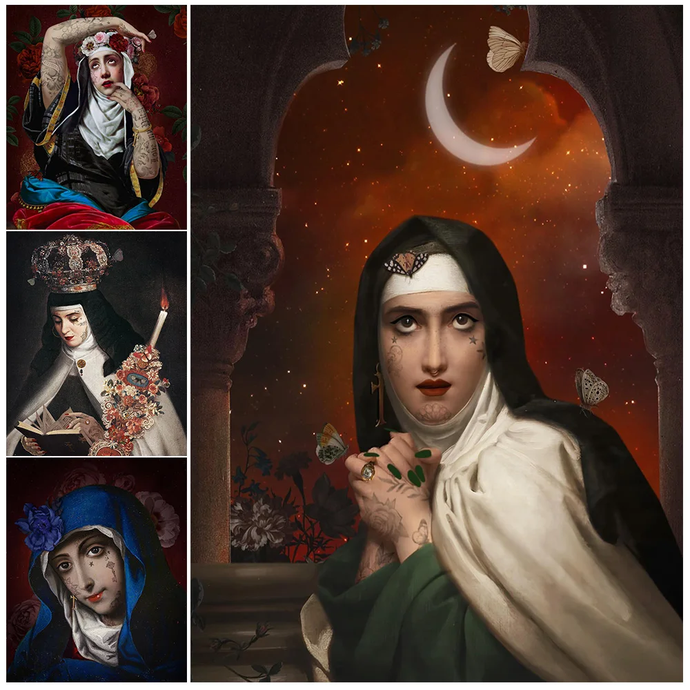Tattooed Nun Funny Gothic Wall Art Canvas Painting,Happy Nun Portrait, Vintage Art Poster And Print For Living Room Decoration