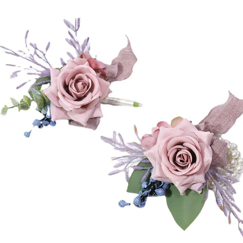 Bridal Groomsmen Party Dusty Pink Artifical Flowers Rose Wrist Corsage Bridesmaid Boutonniere Wedding Marriage Accessories