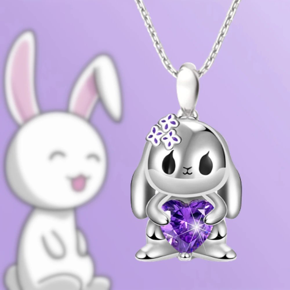 Exquisite Heart-shaped Purple Crystal Bunny Pendant Necklace for Girl Cute Cartoon Rabbit Necklace Jewelry Fashion Birthday Gift