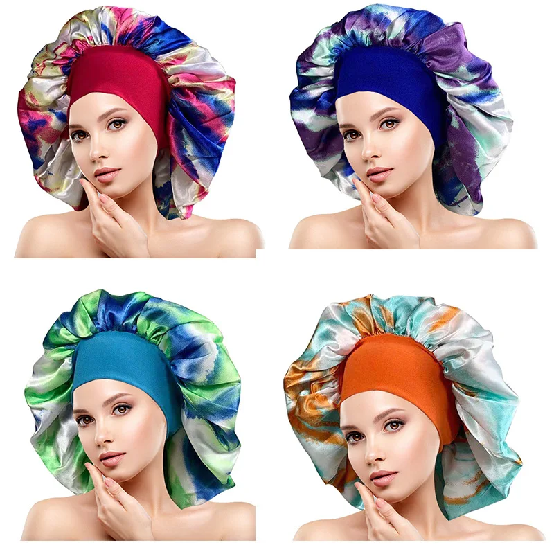 Women Sleeping Hat Night Sleep Cap Hair Care Bonnet Nightcap Color Satin Printing Hair Cap  Chemo Hat for Washing Face Make-up