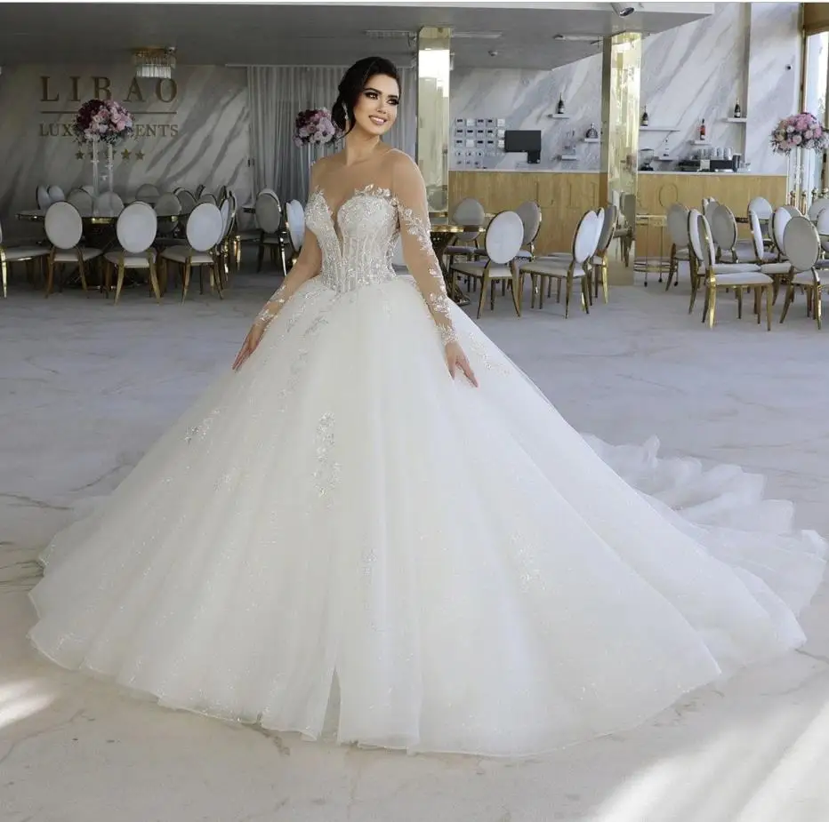 맞춤형 반짝이는 볼 가운 웨딩 드레스 시어 넥 긴 소매 공주 드레스 레이스 아플리케 코르셋 신부 드레스