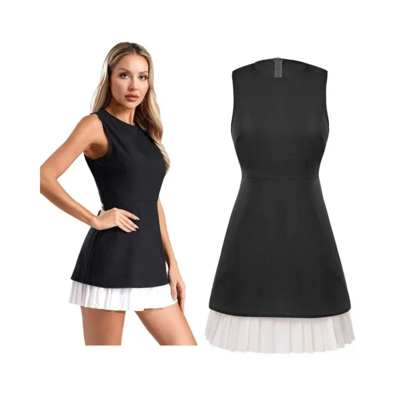 Mulheres sem mangas vestido curto barco pescoço casual requintado elegante inferior cor contrastante em camadas high street mini vestidos