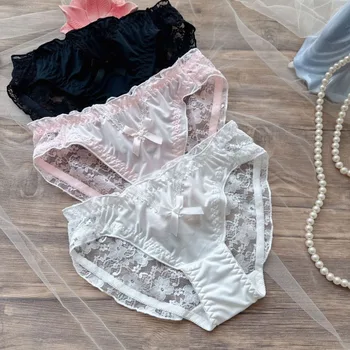Women Sexy Mesh Milk Silk Jacquard Lace Underwear Transparent Elasticity Princess Style Cute Lovely Sweety Panties Breathable