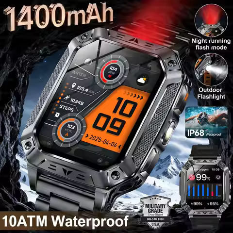 2026 New Military 1400mAh Battery Smart Watch LED Flashlight 10ATM Waterproof Heart Rate Voice Call Men 120+Sports Smart watchs