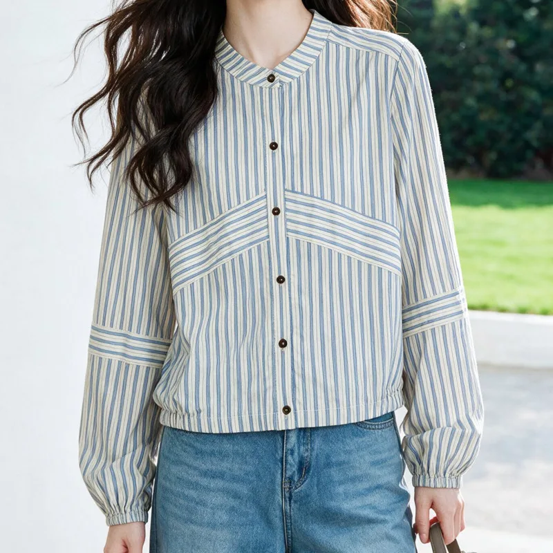 HKSH Women Shirt Fashion Striped Patchwork Design Single Breasted O-Neck Lantern Sleeve Elegant Ins Casual Cotton Blouse HK27431